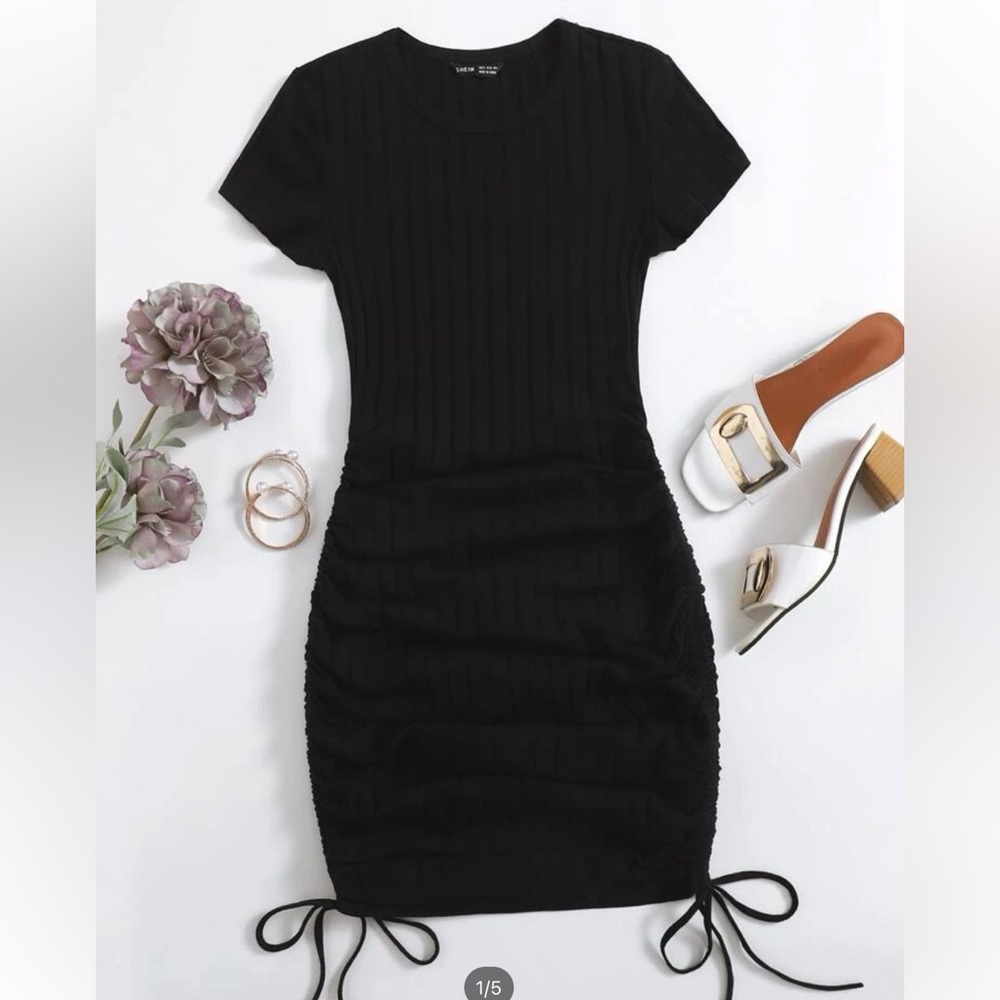 Black SHEIN ribbed dress with side ties, medium